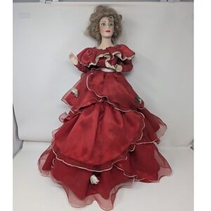 Franklin Heirloom Dolls 1991 Porcelain Doll Red Ruffled Gown Vintage 22 inch